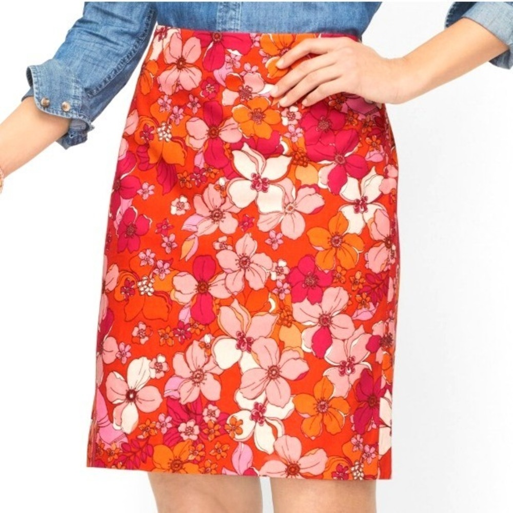TALBOTS Women's 16 Orange Pink Red Floral‎ Tossed Flowers Canvas A Line Skirt